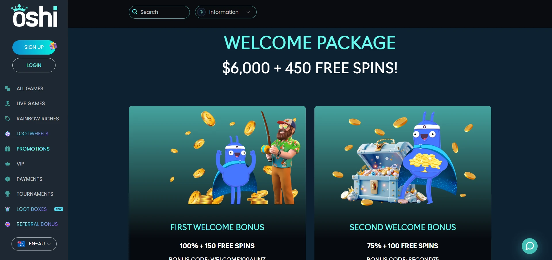 Oshi welcome package page showing the first and second welcome bonus cards beneath the headline offer