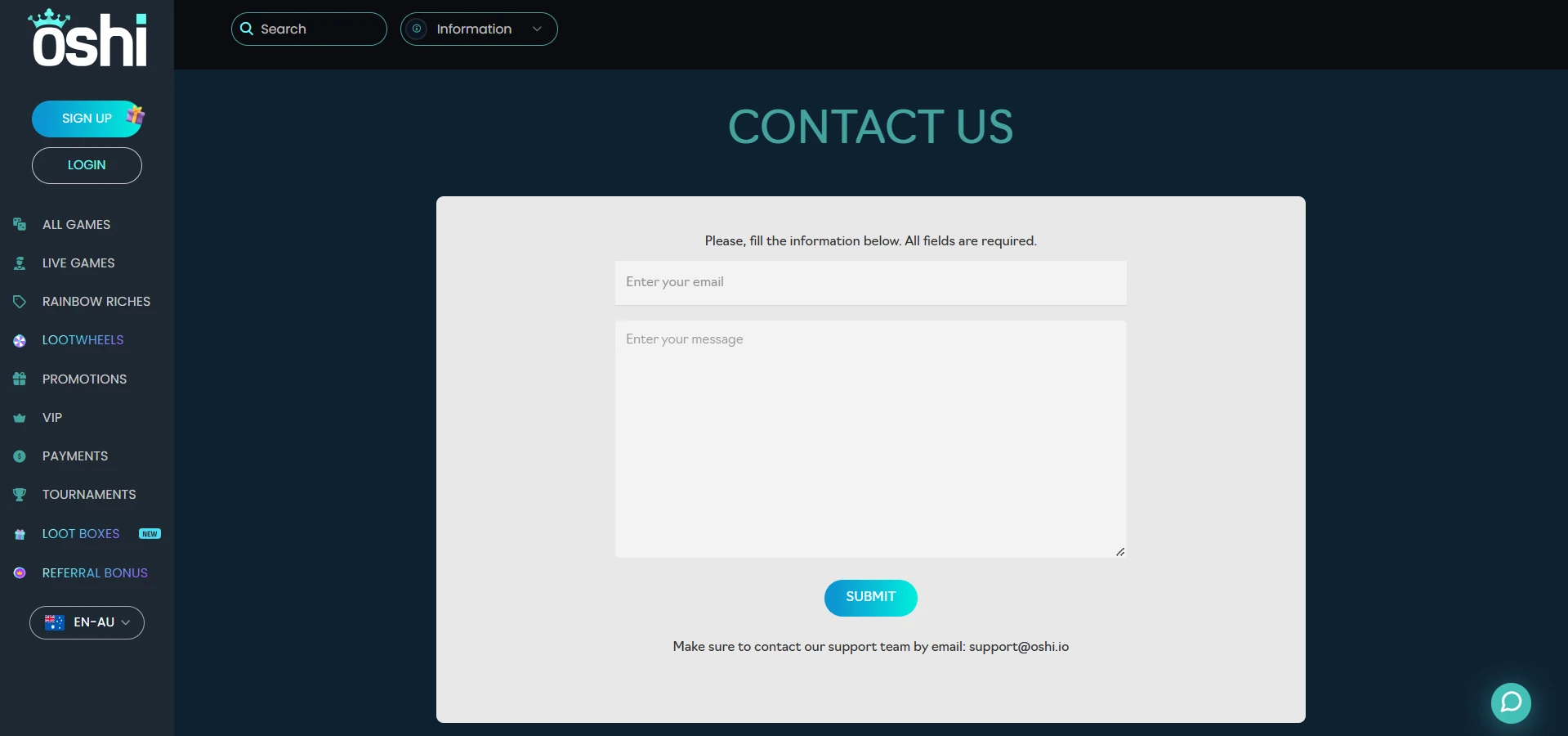 Oshi Contact Us page with an email field, a message box, the Submit button and the support@oshi.io address