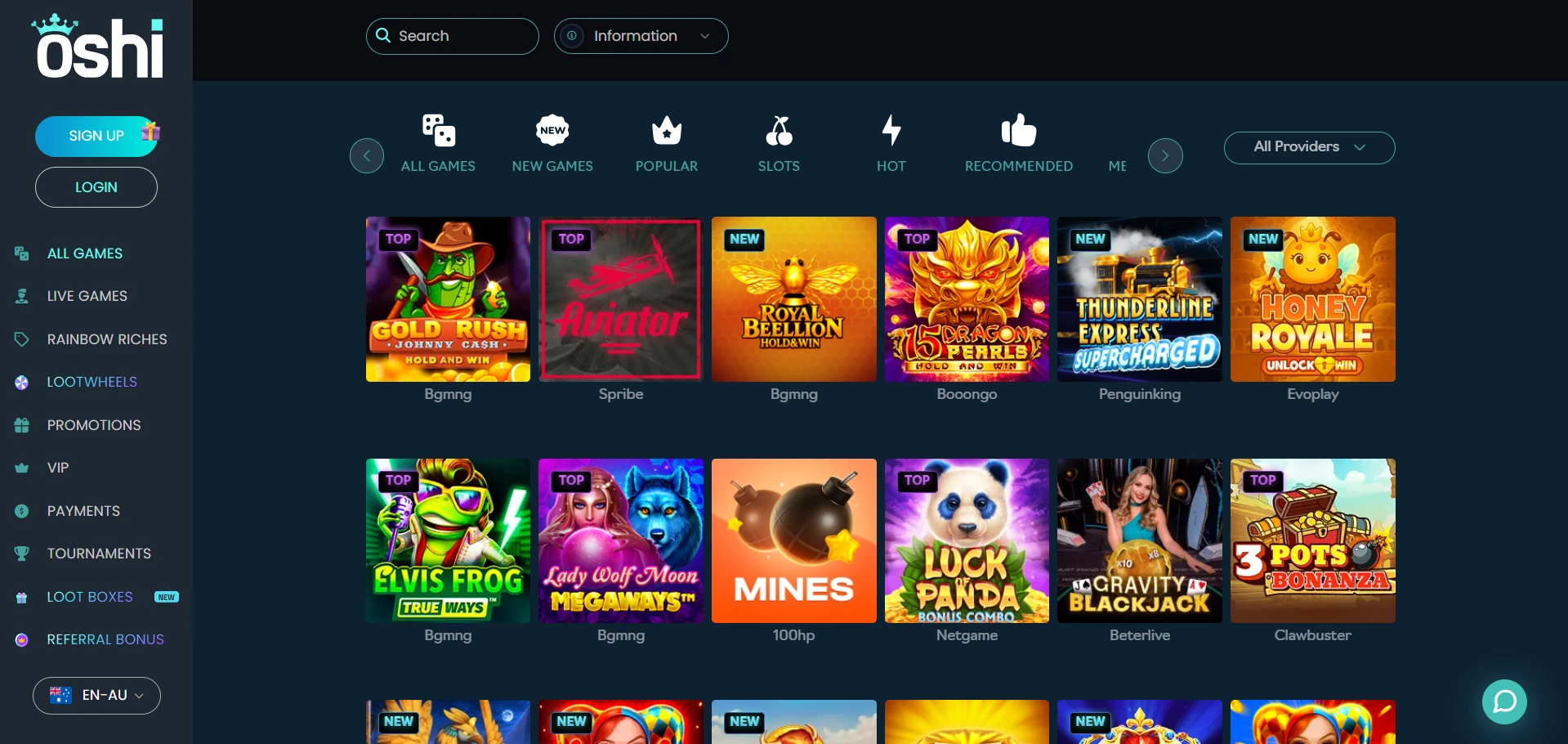 Oshi games lobby with category tabs, the All Providers menu and rows of tiles tagged TOP and NEW