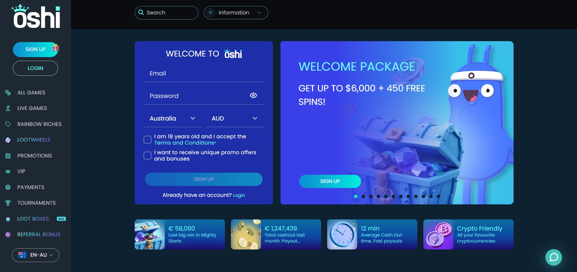 Oshi home page with the sign-up form set to Australia and AUD beside the welcome package banner