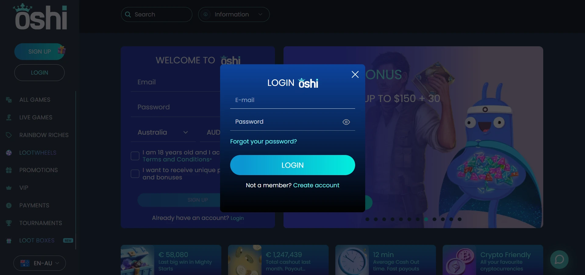 Oshi login window with E-mail and Password fields, the Forgot your password? link and the Login button