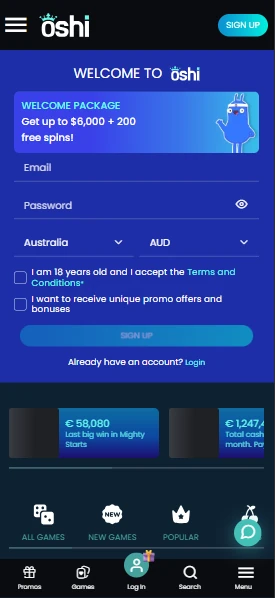 Oshi mobile site with the welcome form and a bottom bar for Promos, Games, Log In, Search and Menu