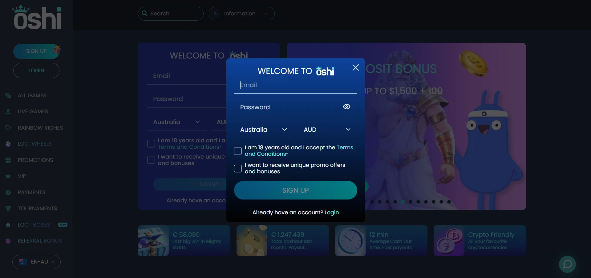 Oshi sign-up window with Email, Password, Australia and AUD fields